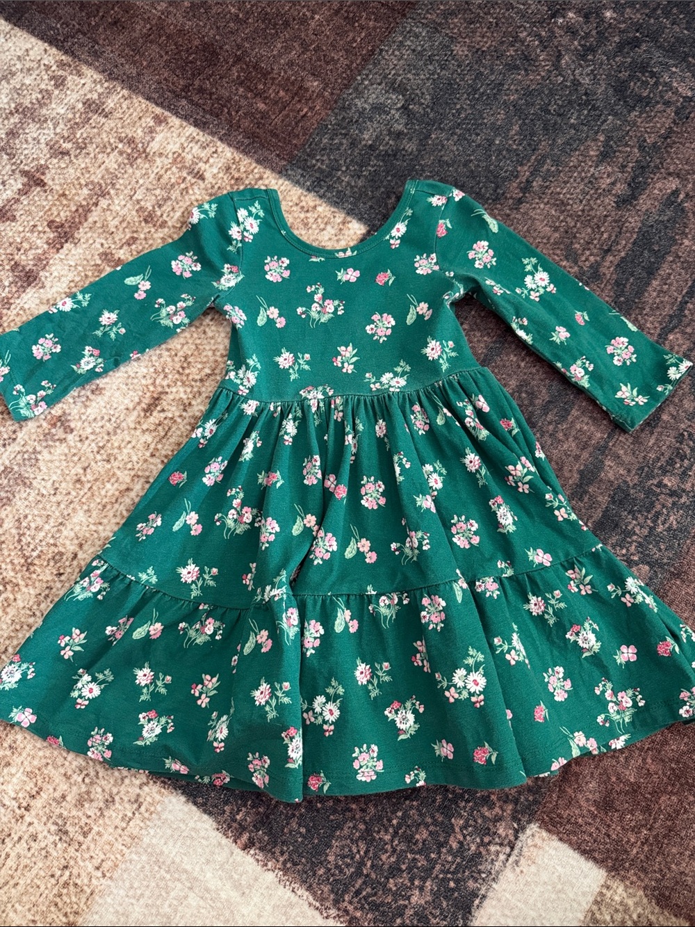 Janie and Jack Green Floral Tiered Dress with Pink Accents